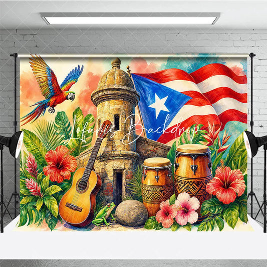 Lofaris Vibrant Caribbean Tropical Holiday Backdrop with Red White Blue Flag Historic Stone Tower and Musical Instruments