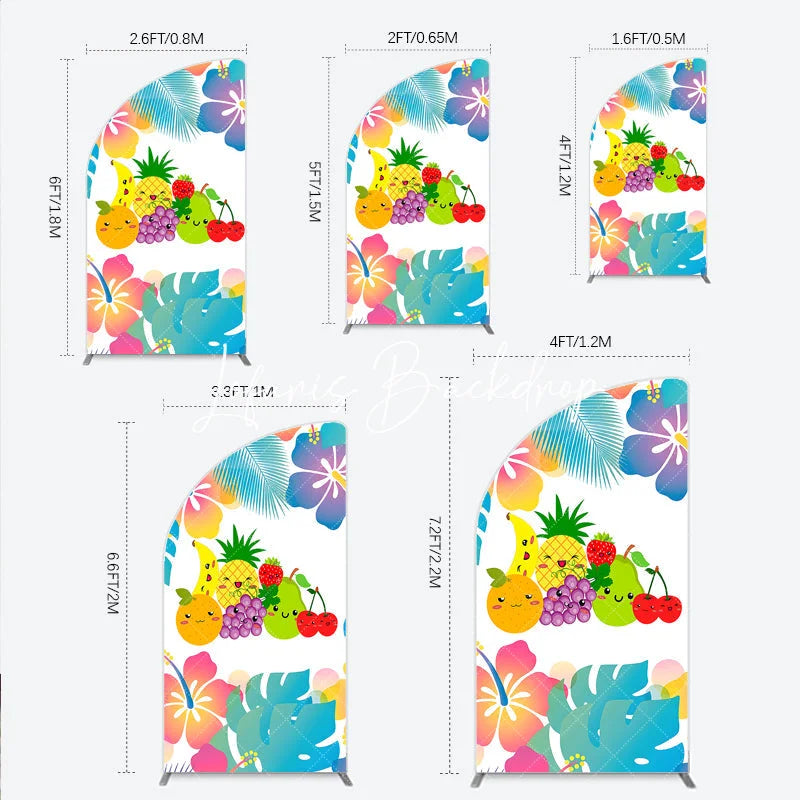 Lofaris Vibrant Cartoon Fruit Half Moon Arch Backdrop with Tropical Leaves Cheerful Summer Birthday Party Decor