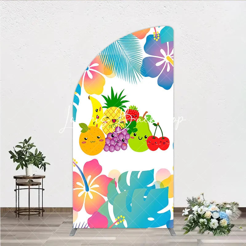 Lofaris Vibrant Cartoon Fruit Half Moon Arch Backdrop with Tropical Leaves Cheerful Summer Birthday Party Decor