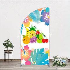 Lofaris Vibrant Cartoon Fruit Half Moon Arch Backdrop with Tropical Leaves Cheerful Summer Birthday Party Decor