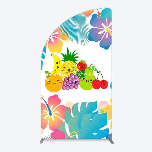 Lofaris Vibrant Cartoon Fruit Half Moon Arch Backdrop with Tropical Leaves Cheerful Summer Birthday Party Decor