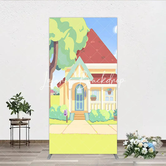 Lofaris Vibrant Cartoon House Rectangle Arch Backdrop Featuring Red Roof Blue Door for Kids Party Decoration