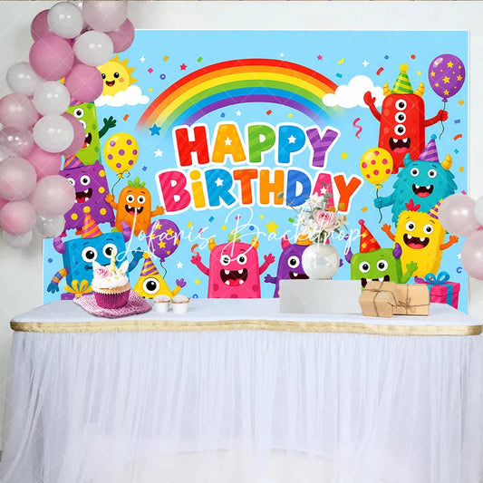 Lofaris Vibrant Cartoon Monster Happy Birthday Backdrop with Rainbow Balloons and Confetti Playful Party Decor