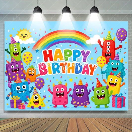 Lofaris Vibrant Cartoon Monster Happy Birthday Backdrop with Rainbow Balloons and Confetti Playful Party Decor