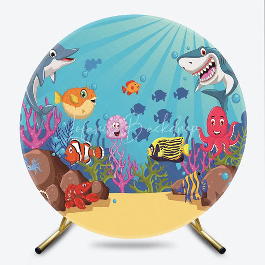Lofaris Vibrant Cartoon Underwater Ocean Round Backdrop featuring Dolphin Shark and Sea Creatures for Kids Party