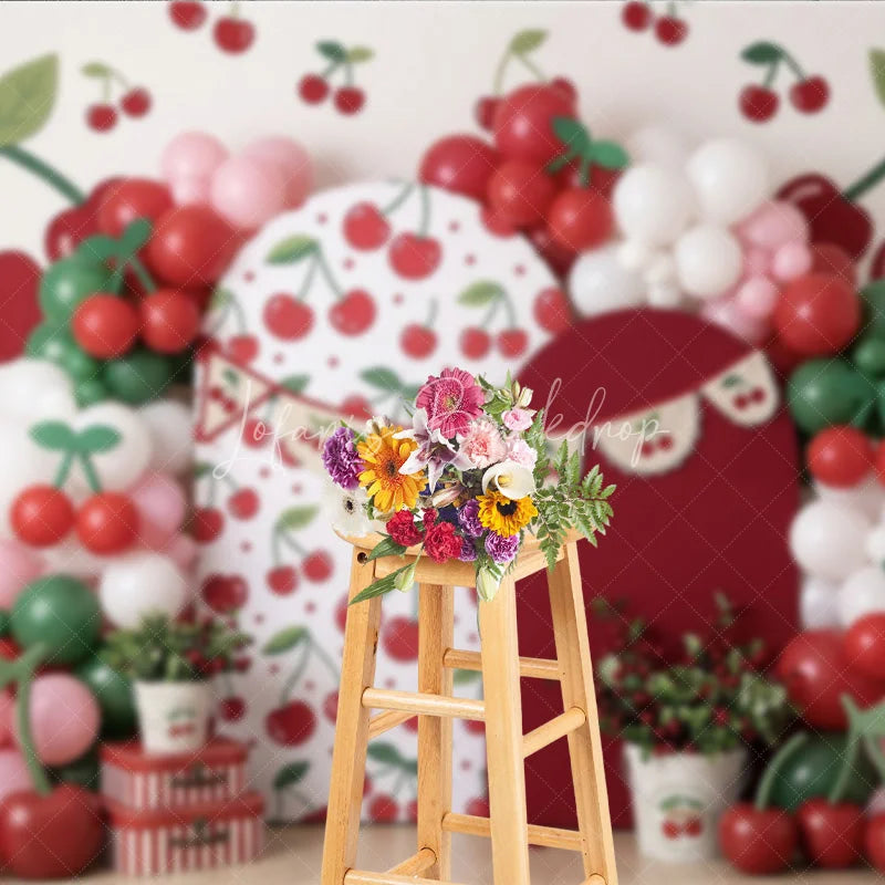 Lofaris Vibrant Cherry Pattern Photography Backdrop with Red and Green Balloons Sweet Fruit Theme Birthday Party Decor