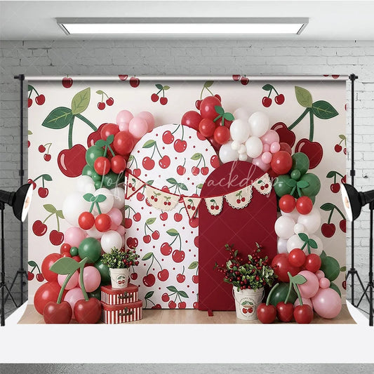 Lofaris Vibrant Cherry Pattern Photography Backdrop with Red and Green Balloons Sweet Fruit Theme Birthday Party Decor