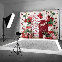 Lofaris Vibrant Cherry Pattern Photography Backdrop with Red and Green Balloons Sweet Fruit Theme Birthday Party Decor