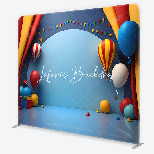 Lofaris Vibrant Circus Theme Balloons and Pennant Banner Square Double-Sided Backdrop Festive Birthday Party Decor