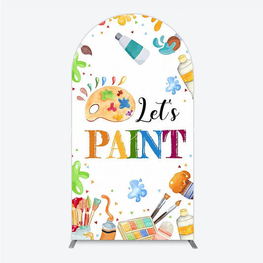 Lofaris Vibrant Colorful Art Painting Theme Round Top Arch Backdrop featuring Paint Brushes and Palette for Kids Birthday Party