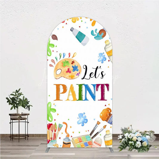 Lofaris Vibrant Colorful Art Painting Theme Round Top Arch Backdrop featuring Paint Brushes and Palette for Kids Birthday Party