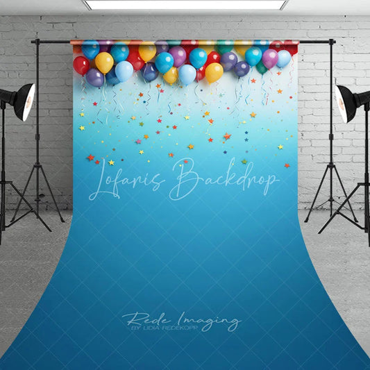 Lofaris Vibrant Colorful Balloons and Confetti Sweep Backdrop Festive Blue Gradient for Birthday Party Celebration