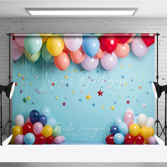 Lofaris Vibrant Colorful Balloons and Star Confetti Sky Blue Photography Backdrop Perfect for Birthday Party Baby Shower