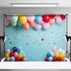 Lofaris Vibrant Colorful Balloons and Star Confetti Sky Blue Photography Backdrop Perfect for Birthday Party Baby Shower