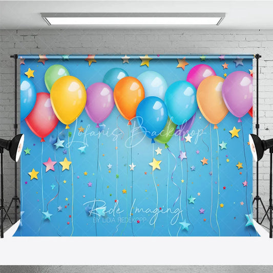 Lofaris Vibrant Colorful Balloons and Stars Photography Backdrop Festive Blue Background for Birthday Party Celebration
