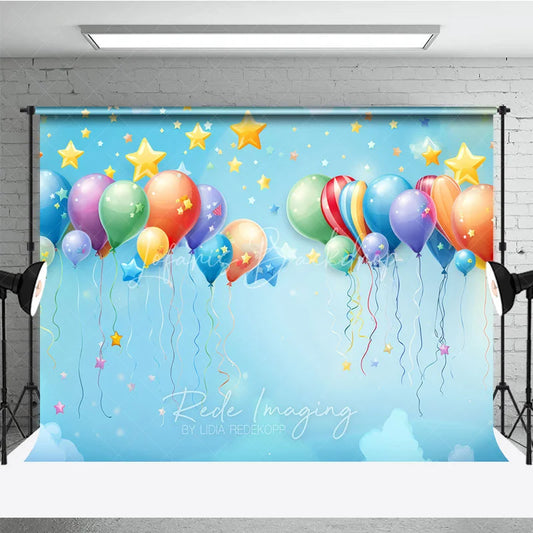 Lofaris Vibrant Colorful Balloons and Stars Photography Backdrop Light Blue Sky Festive Celebration Party Decor for Kids