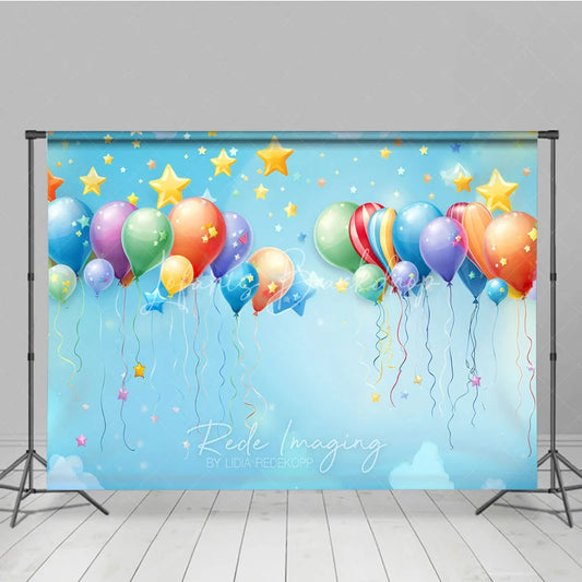 Lofaris Vibrant Colorful Balloons and Stars Photography Backdrop Light Blue Sky Festive Celebration Party Decor for Kids