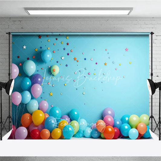 Lofaris Vibrant Colorful Balloons and Stars Photography Backdrop Light Blue Wall for Birthday Party Celebration