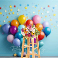 Lofaris Vibrant Colorful Balloons Photography Backdrop with Scattered Stars and Confetti Birthday Party Celebration