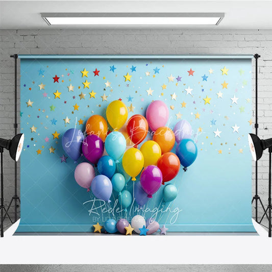 Lofaris Vibrant Colorful Balloons Photography Backdrop with Scattered Stars and Confetti Birthday Party Celebration