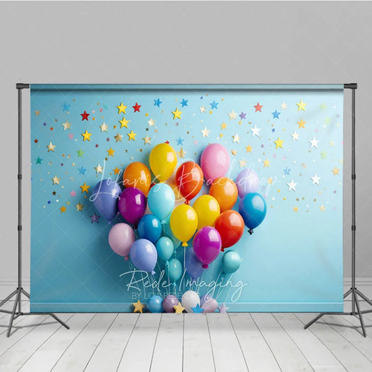 Lofaris Vibrant Colorful Balloons Photography Backdrop with Scattered Stars and Confetti Birthday Party Celebration