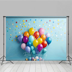 Lofaris Vibrant Colorful Balloons Photography Backdrop with Scattered Stars and Confetti Birthday Party Celebration