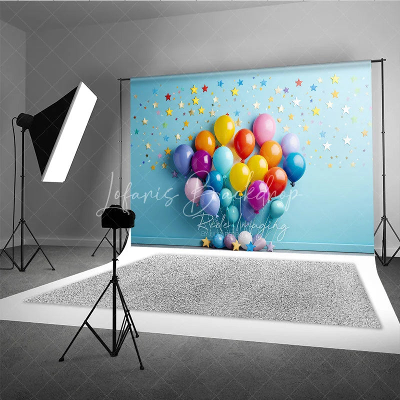 Lofaris Vibrant Colorful Balloons Photography Backdrop with Scattered Stars and Confetti Birthday Party Celebration