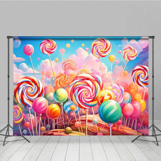 Lofaris Vibrant Colorful Lollipop Candy Land Photography Backdrop Sweet Swirl Candies for Kids Birthday Party