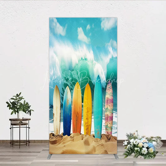 Lofaris Vibrant Colorful Surfboards on Sandy Beach Rectangle Arch Backdrop Crashing Ocean Wave Summer Party Decor