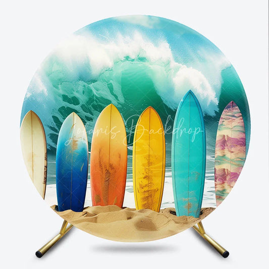 Lofaris Vibrant Colorful Surfboards on Sandy Beach with Crashing Ocean Wave Summer Tropical Party Round Backdrop