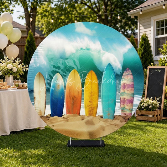 Lofaris Vibrant Colorful Surfboards on Sandy Beach with Crashing Ocean Wave Summer Tropical Party Round Backdrop