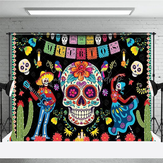 Lofaris Vibrant Day of the Dead Sugar Skull Holiday Backdrop featuring Skeletons Guitar and Dancing Figures with Cacti