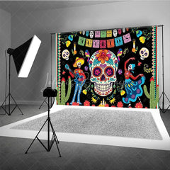 Lofaris Vibrant Day of the Dead Sugar Skull Holiday Backdrop featuring Skeletons Guitar and Dancing Figures with Cacti