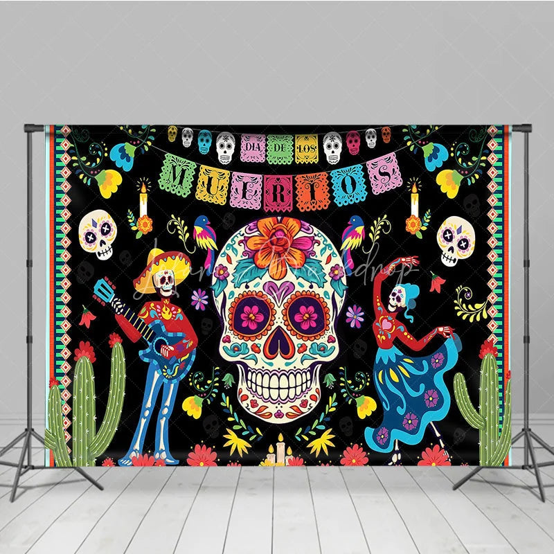 Lofaris Vibrant Day of the Dead Sugar Skull Holiday Backdrop featuring Skeletons Guitar and Dancing Figures with Cacti