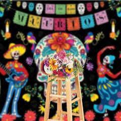 Lofaris Vibrant Day of the Dead Sugar Skull Holiday Backdrop featuring Skeletons Guitar and Dancing Figures with Cacti