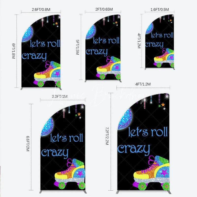 Lofaris Vibrant Disco Ball and Glitter Roller Skate Half Moon Arch Backdrop Let’s Roll Crazy Party Celebration Decor