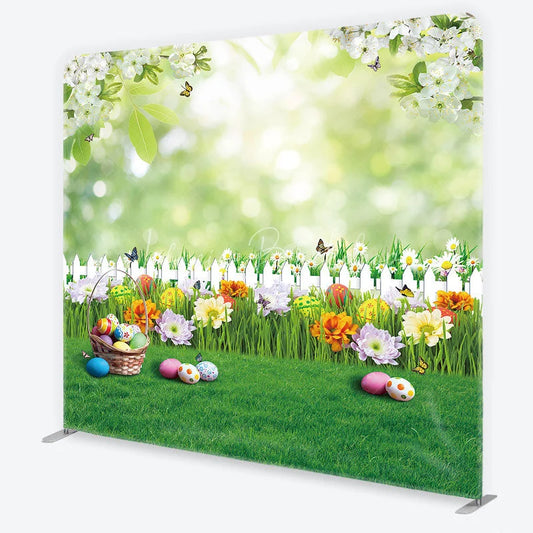 Lofaris Vibrant Easter Eggs and Spring Flowers Square Double-Sided Backdrop Green Garden Fence Photo Booth Decor