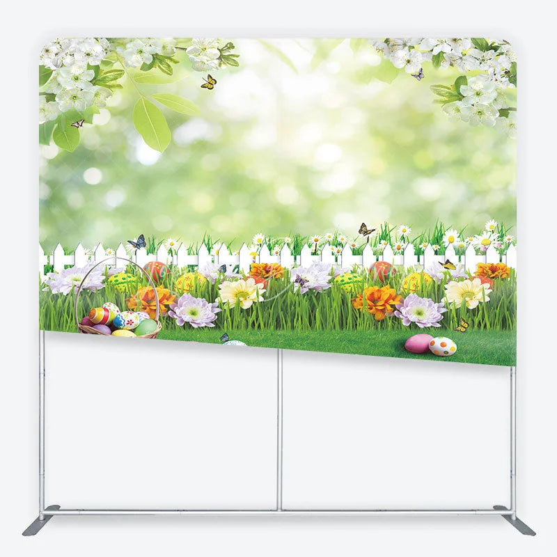 Lofaris Vibrant Easter Eggs and Spring Flowers Square Double-Sided Backdrop Green Garden Fence Photo Booth Decor