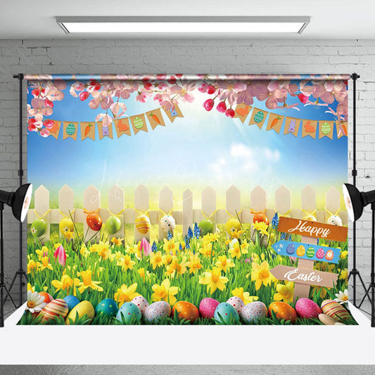 Lofaris Vibrant Easter Garden Eggs Pink Under Sky Backdrop