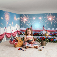 Lofaris Vibrant Fireworks and American Flag Picket Fence Room Set Backdrop Patriotic Celebration Photo Booth Decor