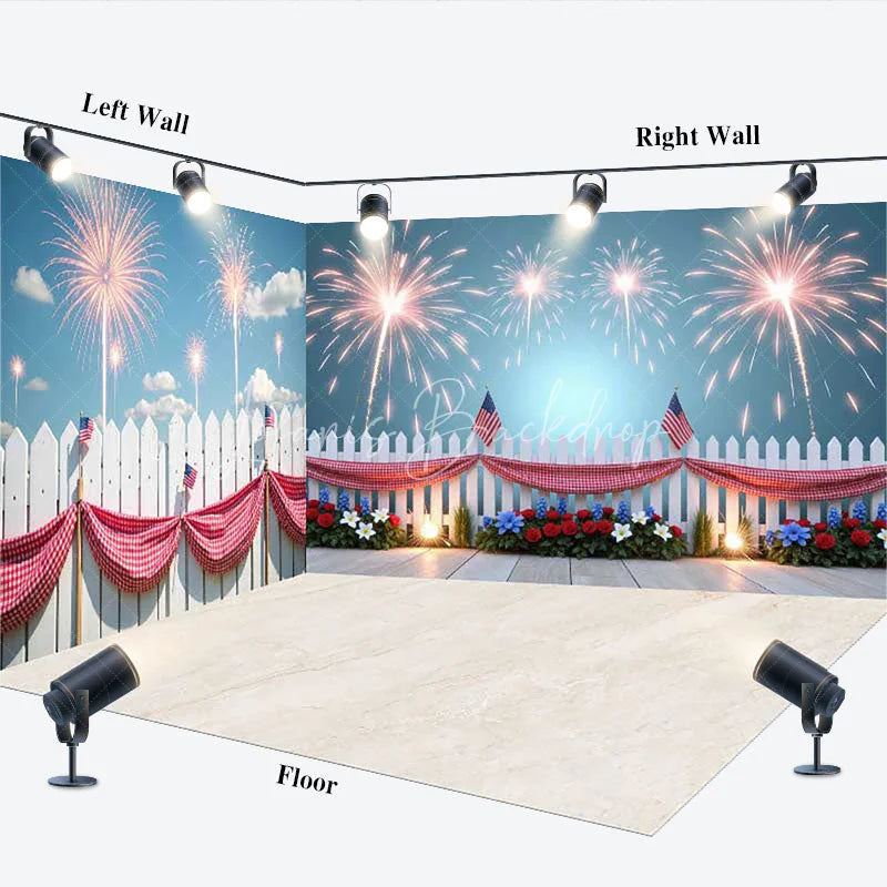 Lofaris Vibrant Fireworks and American Flag Picket Fence Room Set Backdrop Patriotic Celebration Photo Booth Decor