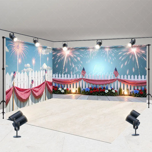 Lofaris Vibrant Fireworks and American Flag Picket Fence Room Set Backdrop Patriotic Celebration Photo Booth Decor