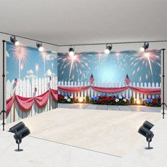 Lofaris Vibrant Fireworks and American Flag Picket Fence Room Set Backdrop Patriotic Celebration Photo Booth Decor