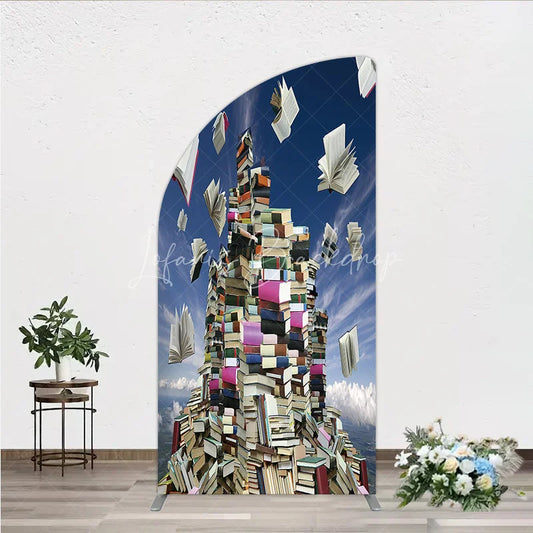 Lofaris Vibrant Floating Books and Blue Sky Half Moon Arch Backdrop Educational Literary Theme Party Decor