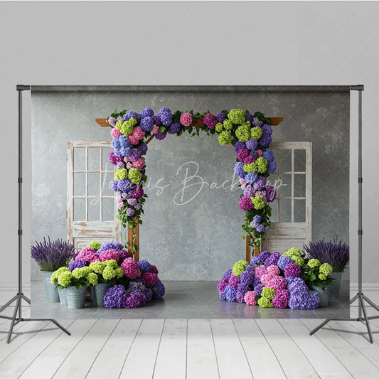 Lofaris Vibrant Floral Arch with Purple Pink Hydrangeas Photography Backdrop Rustic Wooden Doors for Spring Garden Party