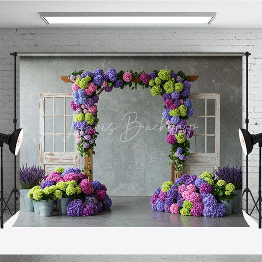Lofaris Vibrant Floral Arch with Purple Pink Hydrangeas Photography Backdrop Rustic Wooden Doors for Spring Garden Party