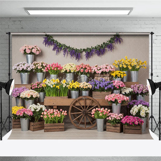 Lofaris Vibrant Flower Market Photography Backdrop with Rustic Wooden Cart Colorful Spring Floral Display and Lavender Garland