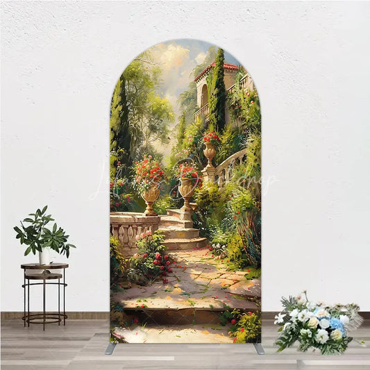 Lofaris Vibrant Garden Classical Architecture Round Top Arch Backdrop Stone Staircase and Floral Urns Decor