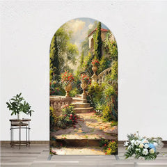 Lofaris Vibrant Garden Classical Architecture Round Top Arch Backdrop Stone Staircase and Floral Urns Decor
