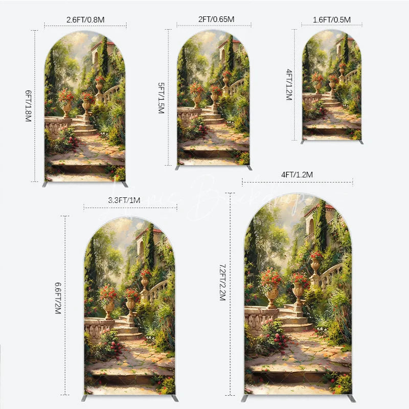 Lofaris Vibrant Garden Classical Architecture Round Top Arch Backdrop Stone Staircase and Floral Urns Decor